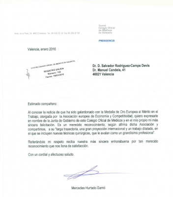 Felicitación de la Junta de gobierno del ilustre colegio oficial de médicos de valencia al Dr. Rodríguez-Camps